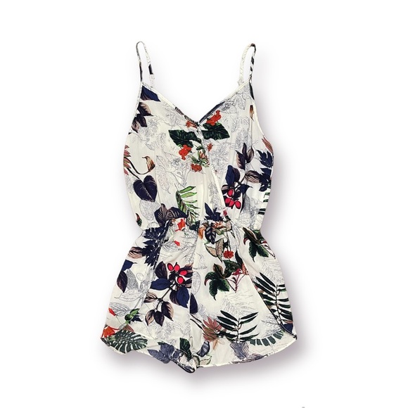 White Spaghetti Strap Floral Tropical Flower Summer Romper - Picture 1 of 4